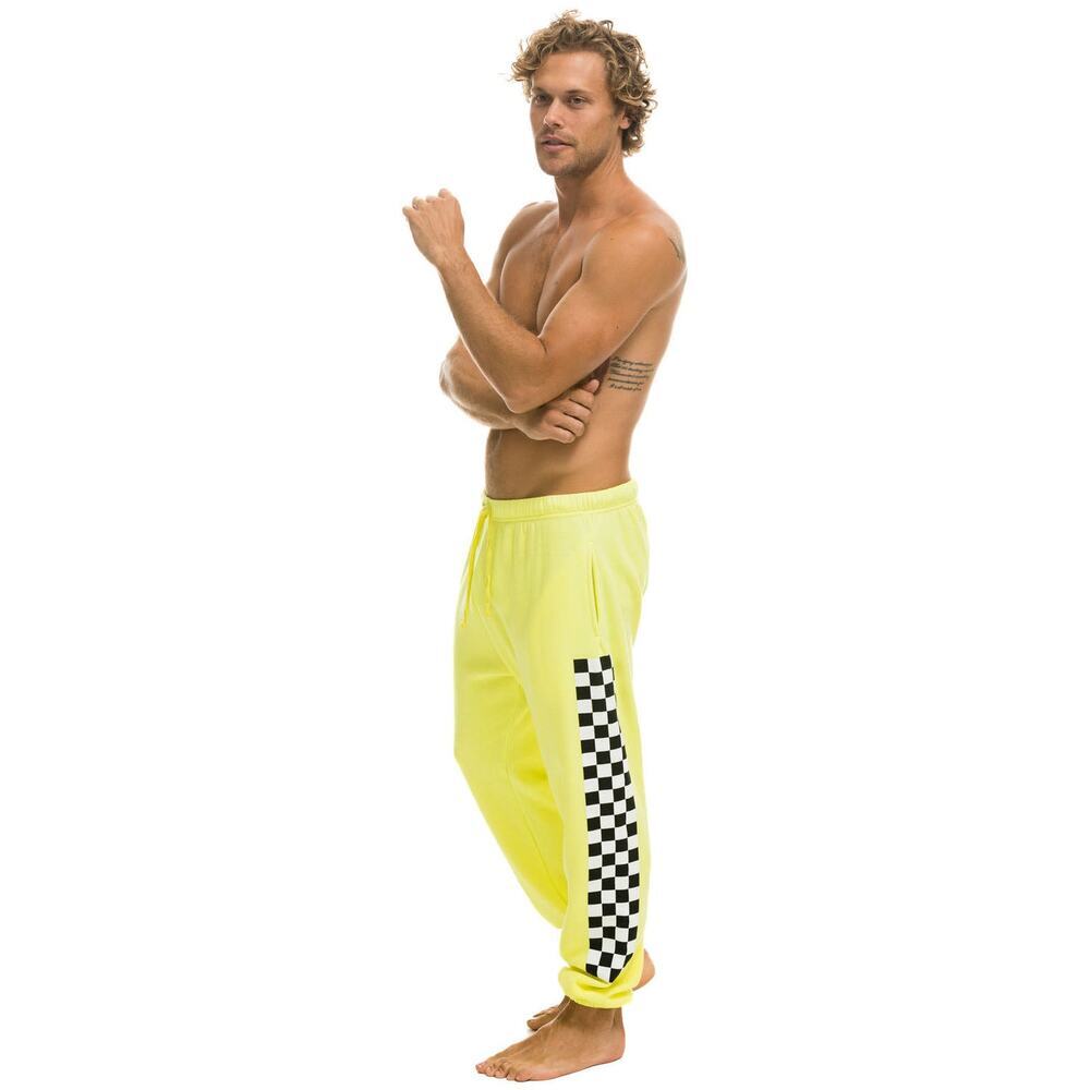 AVIATOR NATION Unisex Check‎ Leg Sweatpants/Joggers Neon Yellow Size Large